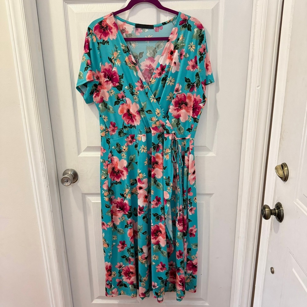 Chris & Carol Size 2XL Teal Floral Wrap Dress Short Sleeve Midi Garden Girl FLAW
